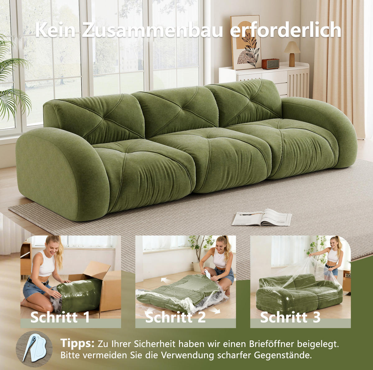 ECKSOFA 281/95/76 cm grün aus Chenille mit flexiblem System - Grün, Textil (95/281cm) - OKWISH