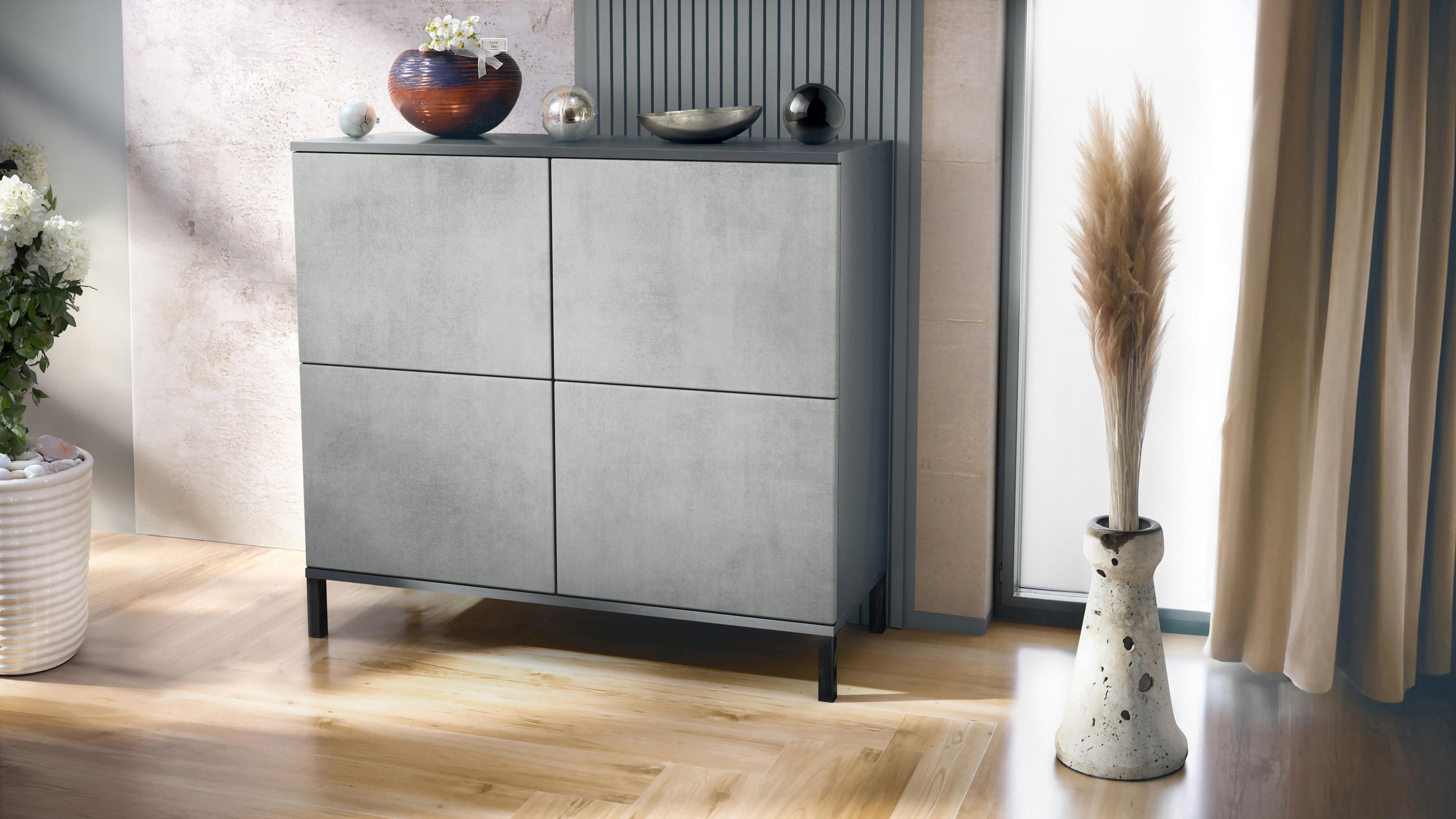 KOMMODE Rova Beton Oxid Optik - Hellgrau, Holzwerkstoff (92.5/83.5/35cm) - Vladon