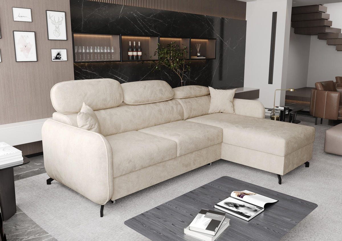 ECKSOFA L Form Ribella 5 Creme 265/180/100 cm Rechts mit Schlaffunktion - Beige/Schwarz, Textil/Metall (265/180cm) - AX Living