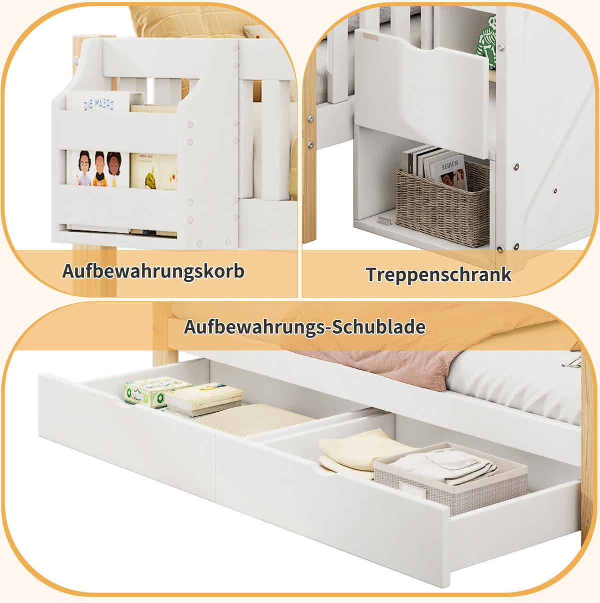 ETAGENBETT 90/140x200 cm Weiß/Natur mit Treppenschrank und Stauraum - Weiß, Holzwerkstoff (90/200cm) - Flora Grace