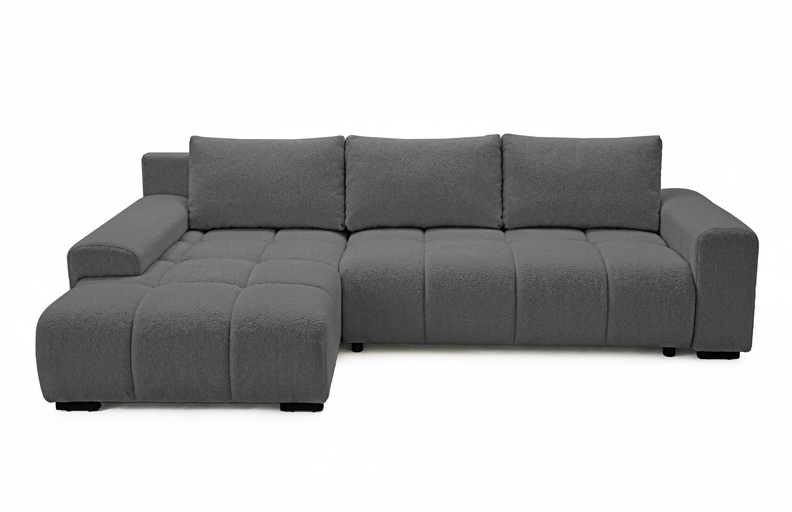 ECKSOFA Ovia mit Bettkasten und Schlaffunktion, Bouclé-Stoff in L-Form - Dunkelgrau, Textil (270/185cm)