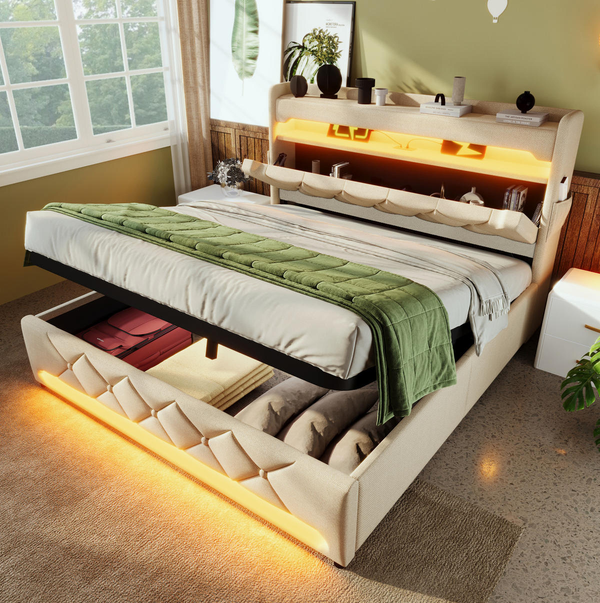 POLSTERBETT mit Stauraum und LED 140x190 cm Beige - Beige, Metall (140/190cm) - Meubliv