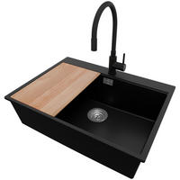 GRANITSPÜLE Oslo, 2-er set Schwarz 68/50 cm 1 Becken + Küchenarmatur 40/38 cm + Ablauf-Set + Schneidebrett ab 70er Unterschrank - Chromfarben/Beige, Kunststoff (68/20/50cm) - Primagran