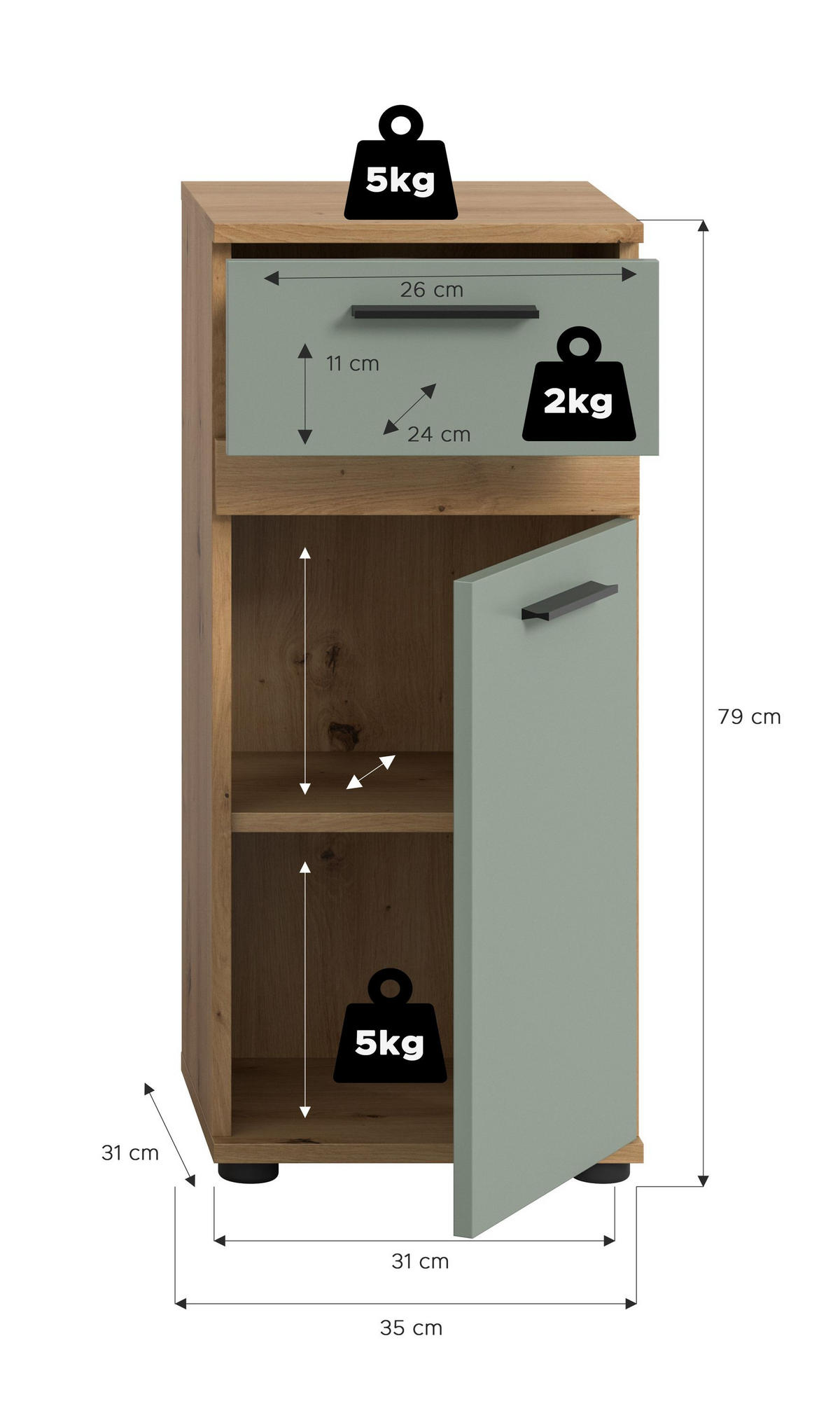 STANDSCHRANK Flint (B/H/T: 35x79x31 cm) in Salbei und Artisan Eiche Nachbildung - Eiche Artisan, Holzwerkstoff (35/79/31cm) - Homes & Jones
