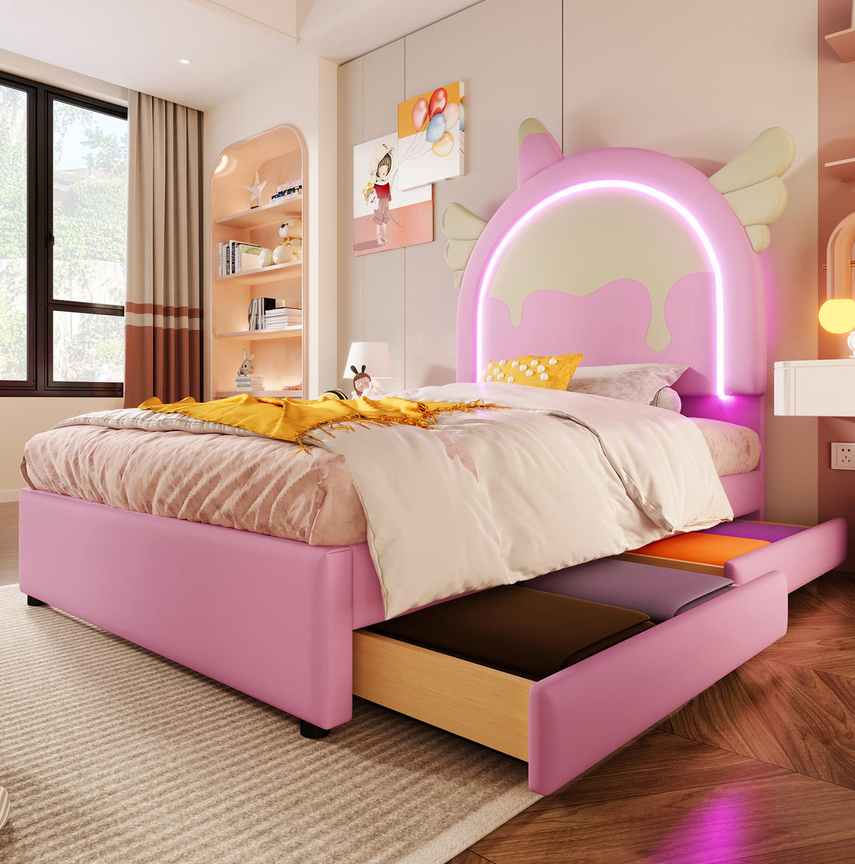 POLSTERBETT mit LED-Beleuchtung 90/200 cm in Rosa mit 2 Schubladen - Rosa, Kunststoff (90/200cm) - BEAOK