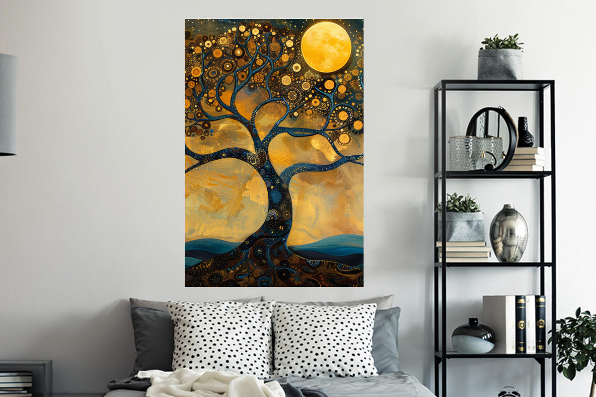 WANDTATTOO Baum - Mond - Blumen - Gold - Kunst 80x120 cm - Orange, Kunststoff (80/120/0.1cm) - MuchoWow