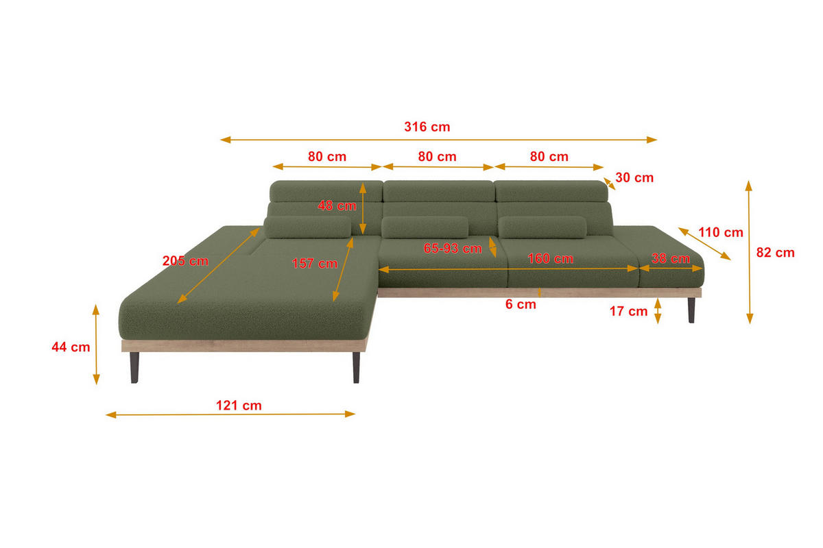 ELEKTRISCHES ECKSOFA Links MONA 316x205x85 Grün Bouclé - Olivgrün/Grün, Holzwerkstoff/Textil (316/205cm) - ALTDECOR