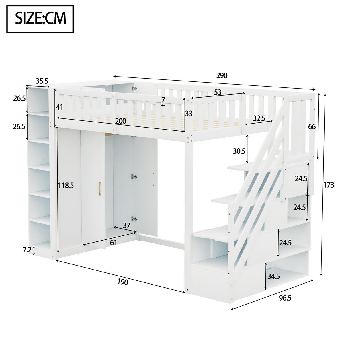 HOCHBETT aus Kiefernholz 90x200 cm Weiß mit Kleiderschrank, Regalen und Leiter mit Schubladen - Weiß, Holzwerkstoff (90/200cm) - IVMEU