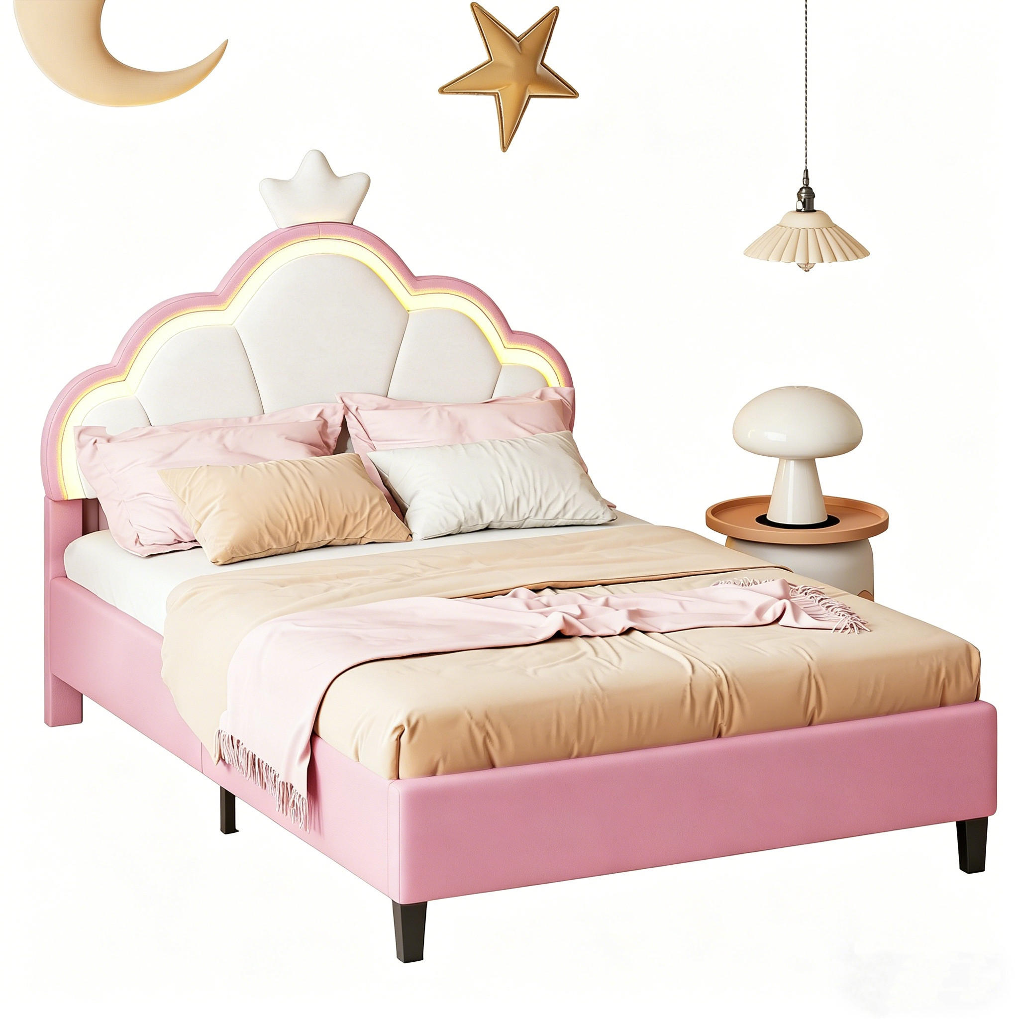 POLSTERBETT 140x200 cm mit LED-Beleuchtung und Verstellbares Kopfteil - Rosa, Holz/Textil (140/200cm) - PARAFTA HOME