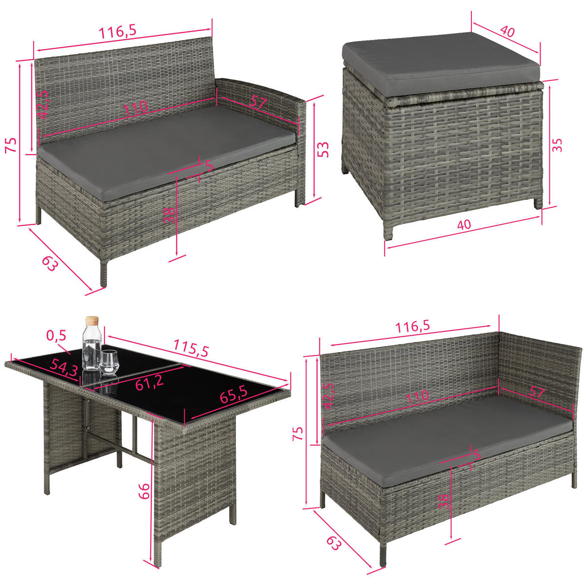 RATTANLOUNGE Barletta,mit Sicherheitsglasplatten,grau/beige - Beige/Grau, Kunststoff - tectake