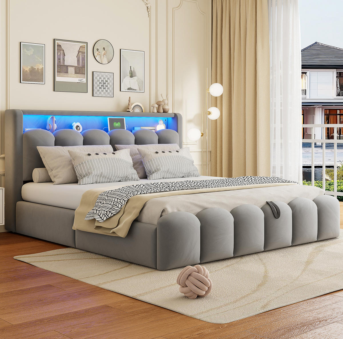 POLSTERBETT 180/200 cm grau aus Samt mit Stauraum, LED und USB - Grau, Textil (180/200cm) - OKWISH