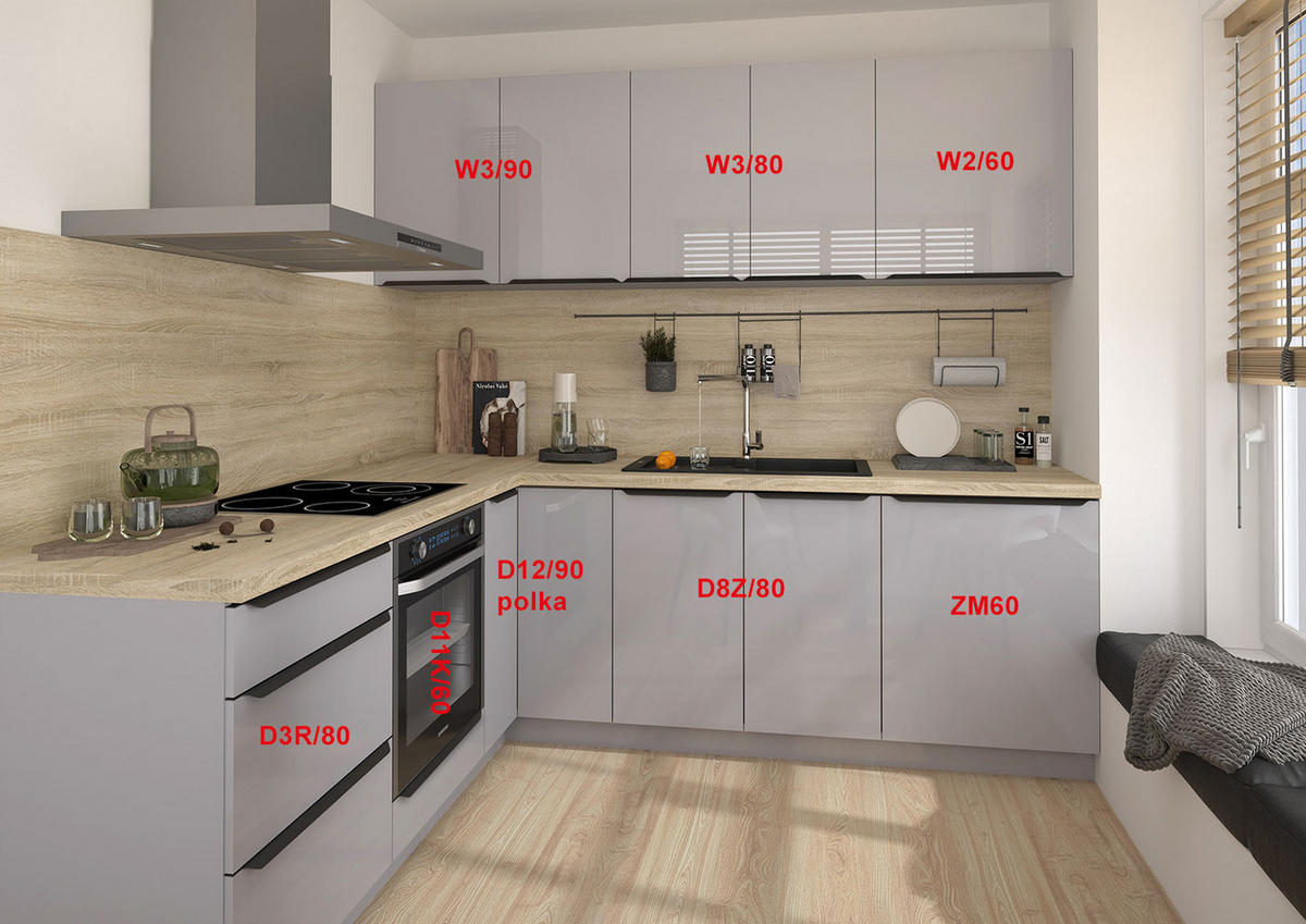 WINKELKÜCHE Essen R1 grau / grau hochglanz 230/230/204cm 8-teilig - Grau, Holzwerkstoff/Metall (230/204/230cm) - Feldmann-Wohnen