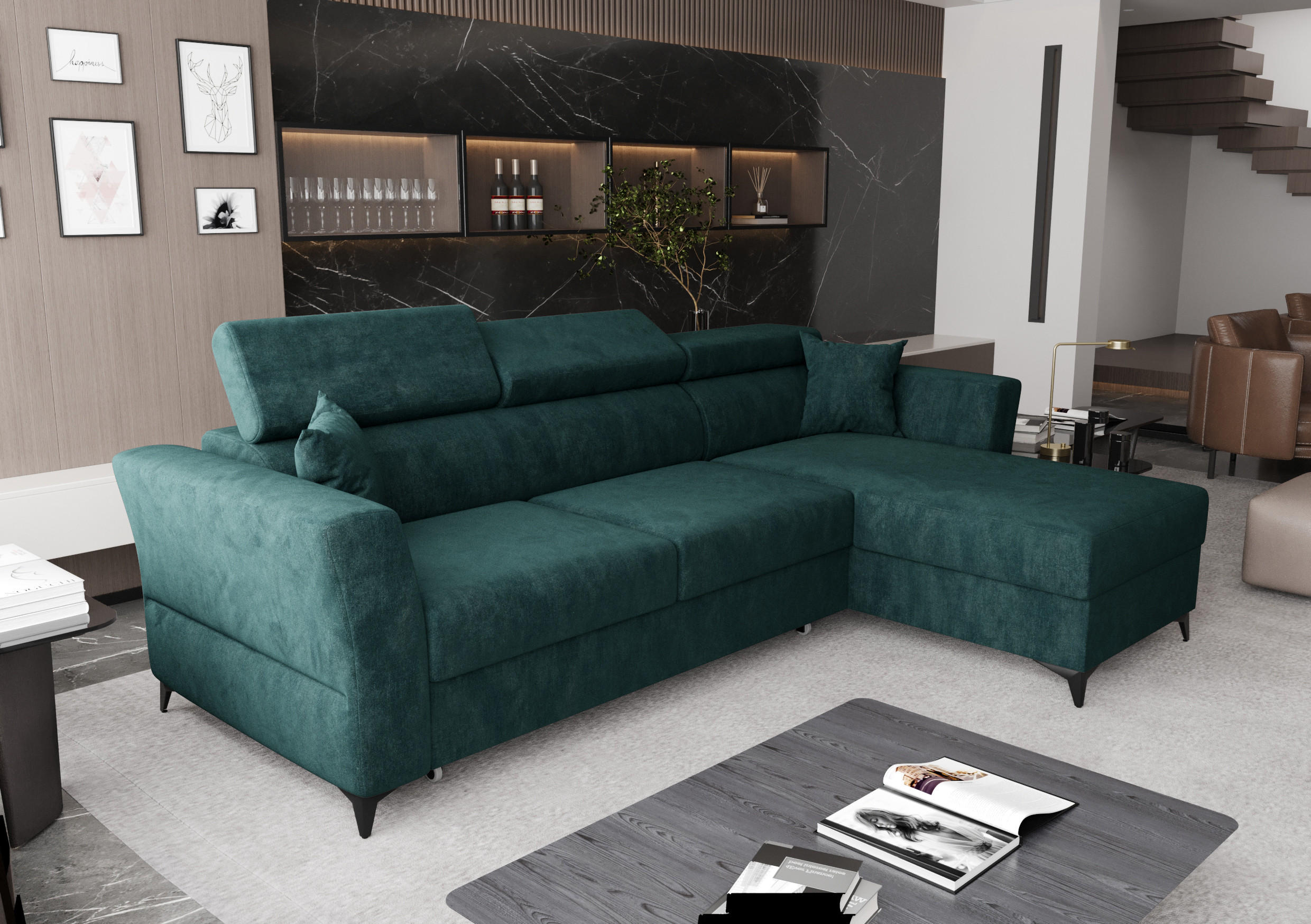 ECKSOFA L Form Ribella Türkis 265/180/100 cm Rechts mit Schlaffunktion - Türkis/Schwarz, Textil/Metall (265/180cm) - AX Living