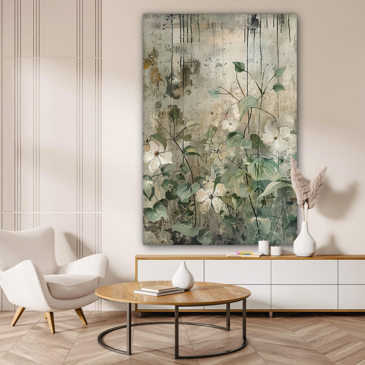LEINWANDBILD Blumen - Blätter - Abstrakt - Modern Deko Groß 90x140 cm - Grau, Textil (90/140cm) - MuchoWow