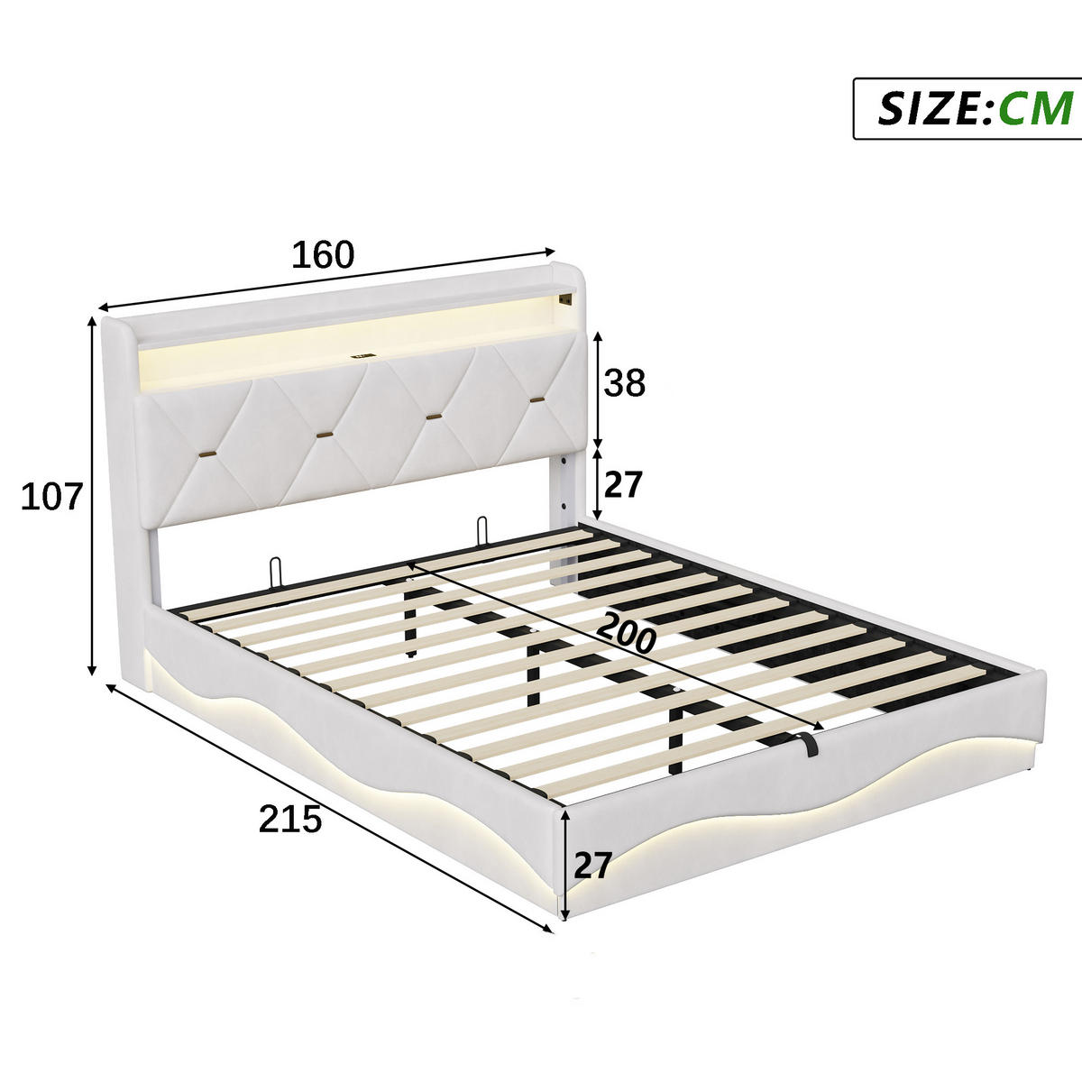 STAURAUMBETTEN 160 x 200, Doppelbett mit Bettkasten und Lattenrost, Kopfteil, LED, USB, Samt, beige - Beige, Holzwerkstoff/Textil (160/200cm) - GENKI LIVING