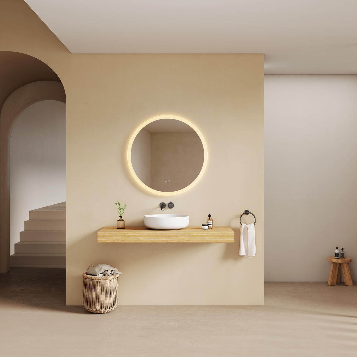 BADSPIEGEL Rund mit LED-Beleuchtung Lichtrand, 3 Lichtfarben, beschlagfrei, Ø 70 cm - Transparent, Glas (70/70/3.5cm) - EMKE