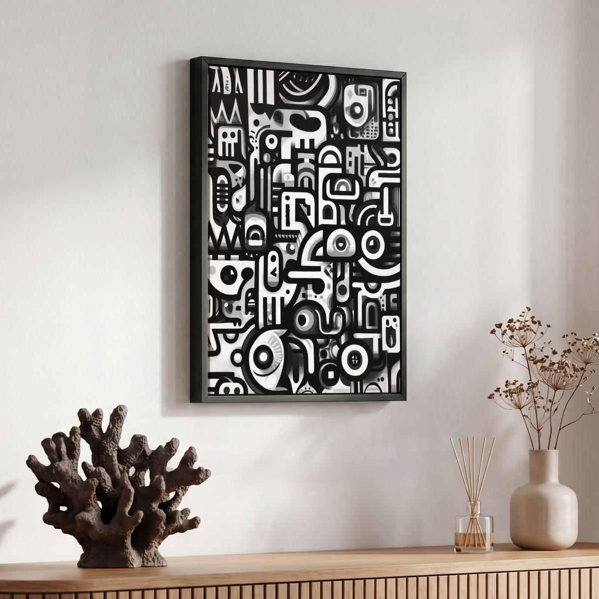 LEINWAND Bilder mit Rahmen - Symbole - Abstrakt - Grafik - Schwarz - 30x40 - Schwarz, Textil (30/40cm) - MuchoWow