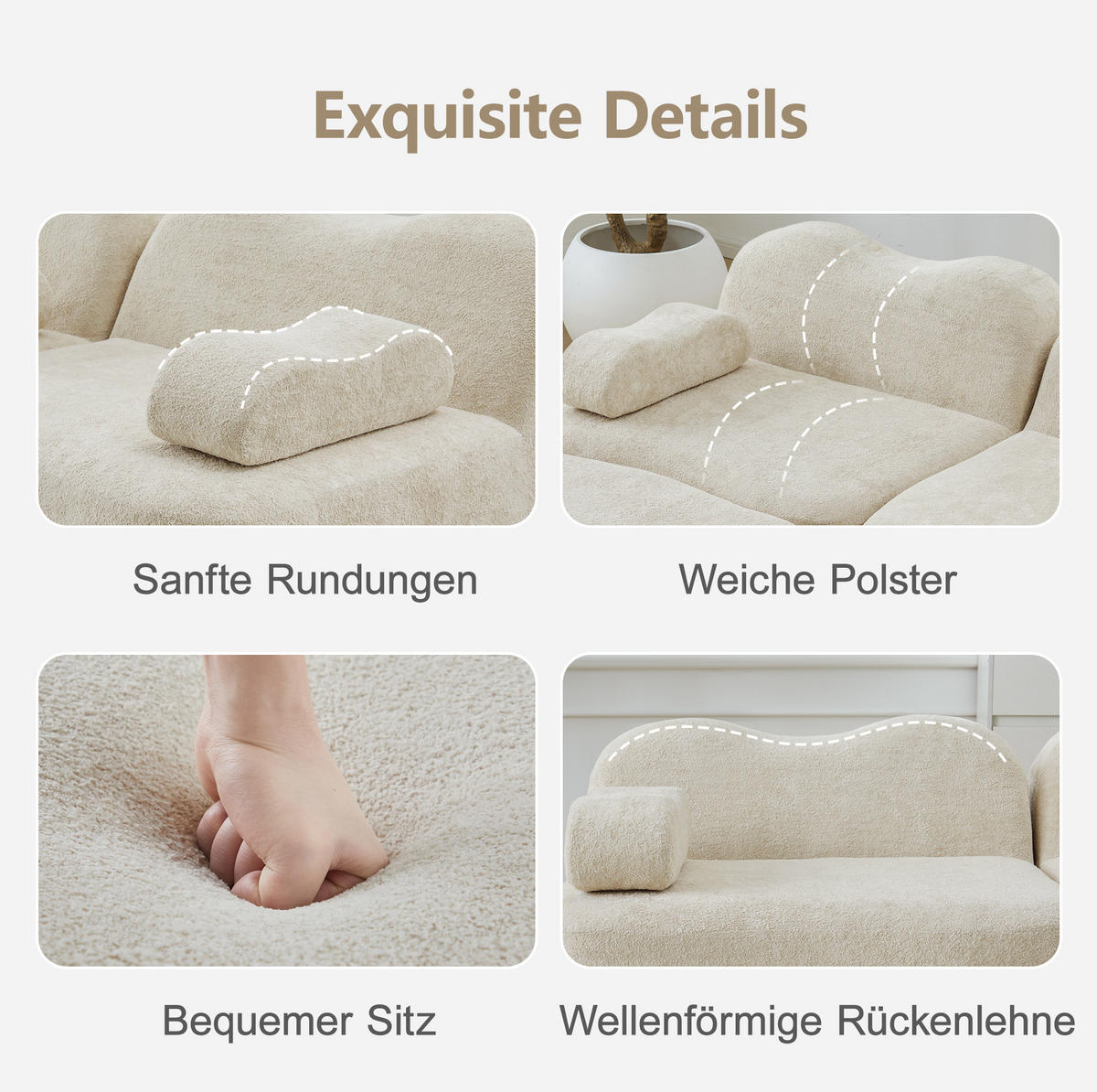 SOFA 288/98/70 cm in Beige aus Samt, modular und rahmenlos - Beige, Textil (98/70/288cm) - Flora Grace