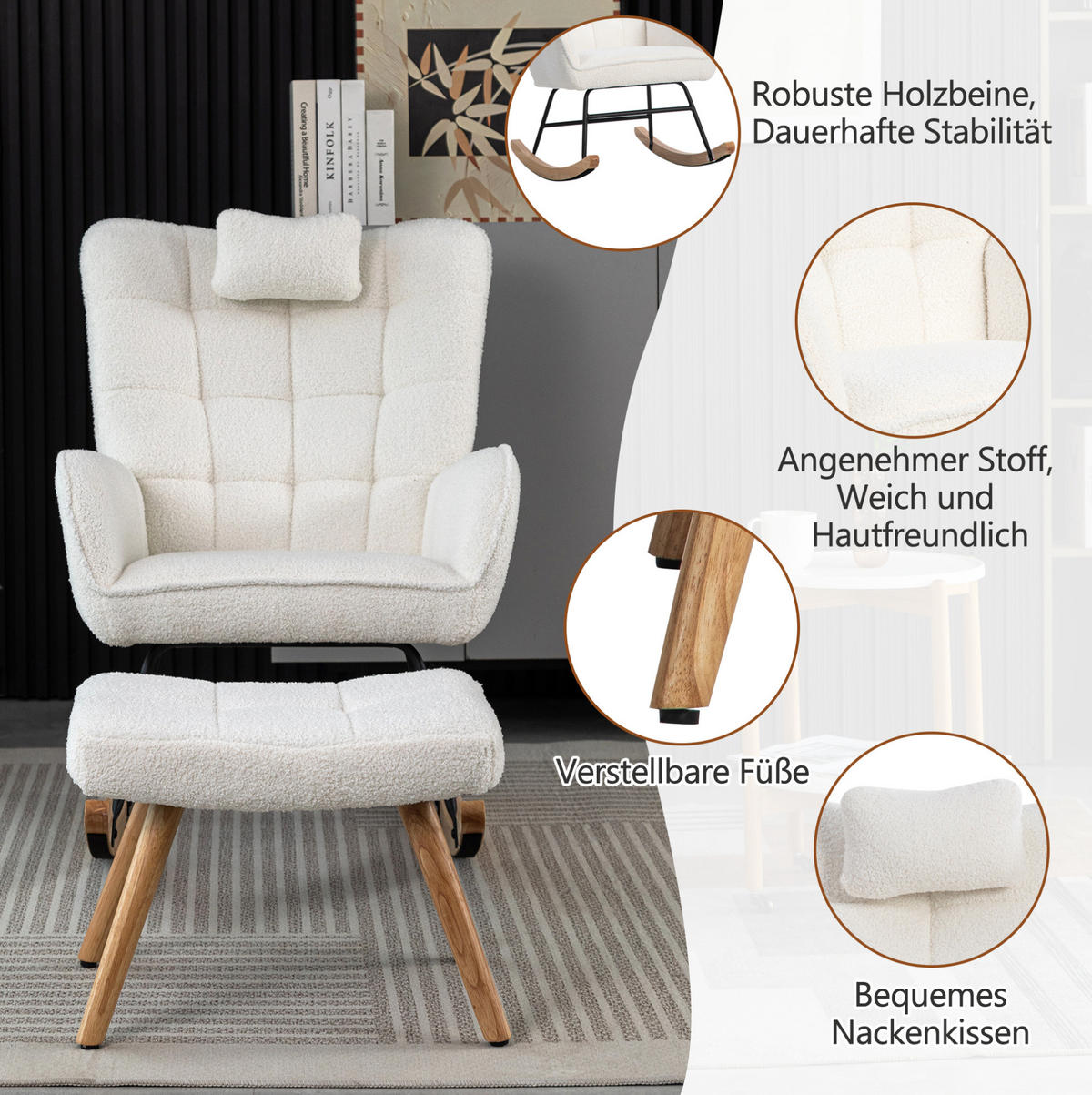 SCHAUKELSTUHL 65/47/92 cm weiß aus Lammfell-Optik mit Hocker - Weiß, Textil (65/92/93cm) - OKWISH