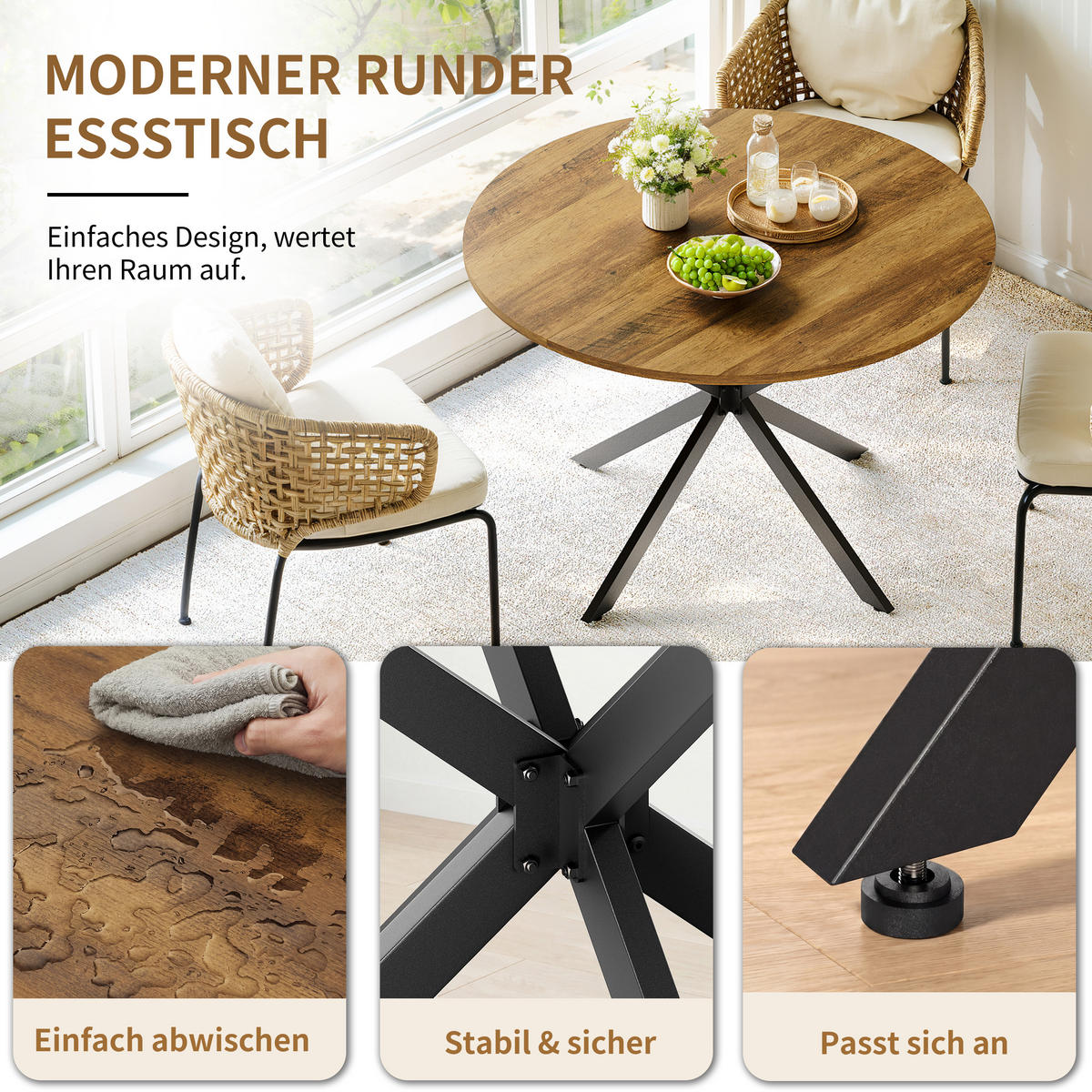 COUCHTISCH 120cm Runder Esstisch-Landhausstil Mit X-Beinen Retro-Braun Für 4-6 Personen - Braun, Holz (120/120/78cm) - Raelunyi