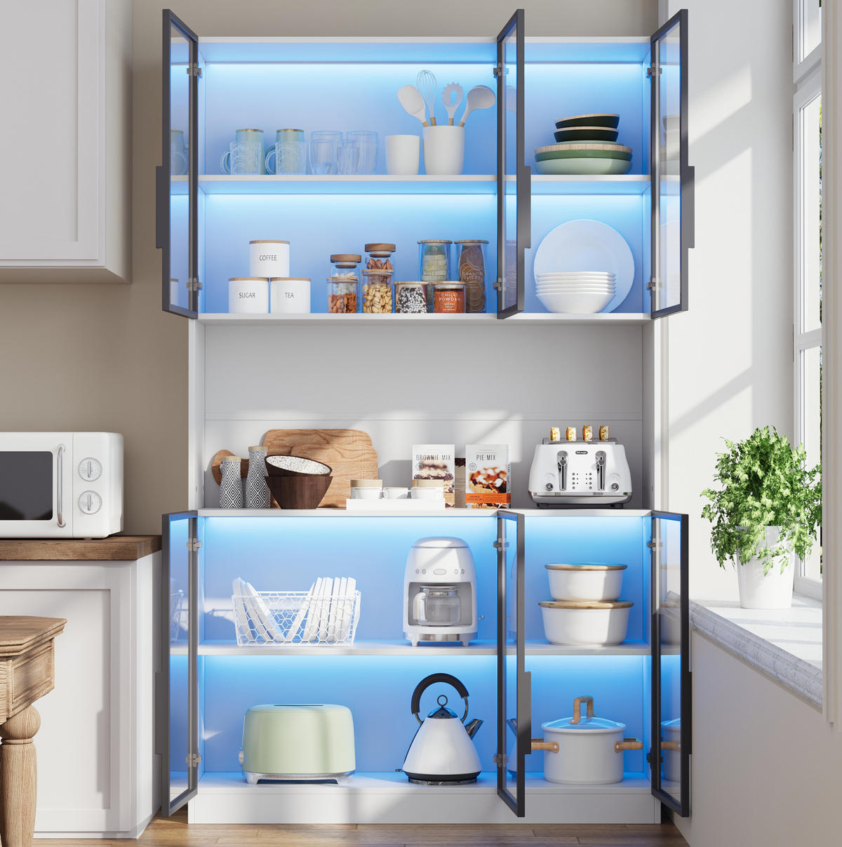 VITRINE 120/34/200 cm weiß aus MDF und Glas mit LED und 6 Türen - Weiß, Holzwerkstoff (120/200/34cm) - OKWISH