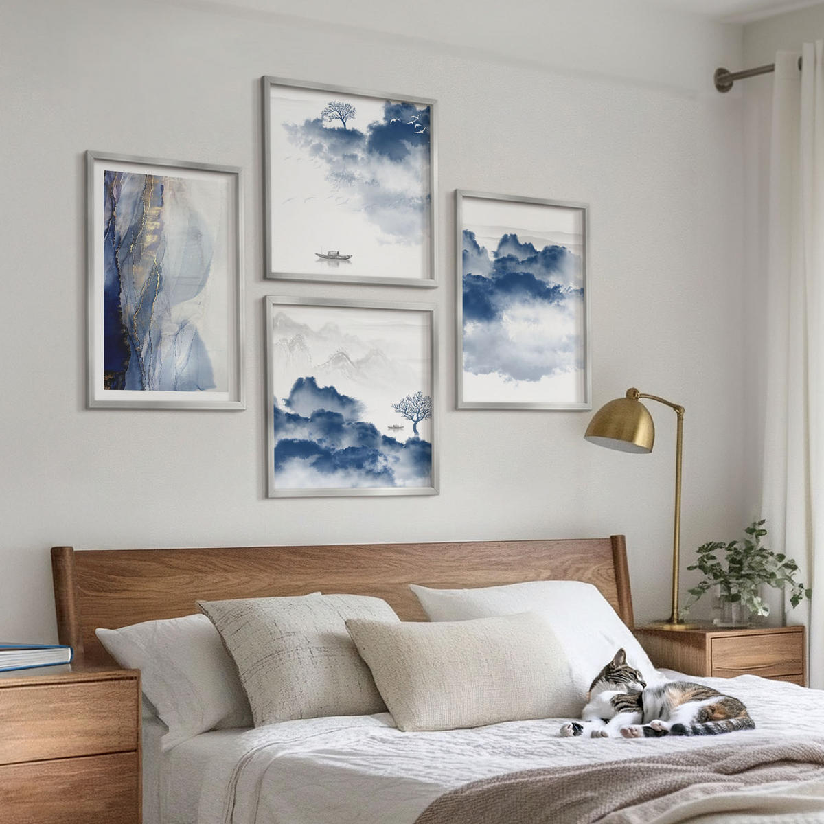BILDER SET 4er Set - 50x50 cm & 40x60 cm Silberner Rahmen - Berge, Wolken, Bäume, Vögel im Hintergrund - Silberfarben, Kunststoff (50/50cm) - TULUP