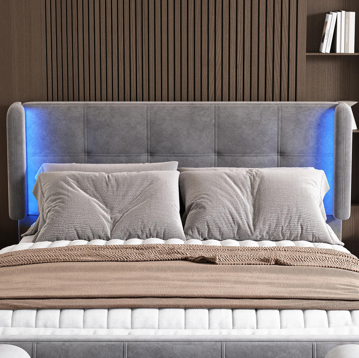 TAPECIRANI krevet 140/200 cm s LED osvjetljenjem, podesivim uzglavljem i prošivenim detaljima, Siva - siva, tekstil (140/200cm) - Redom