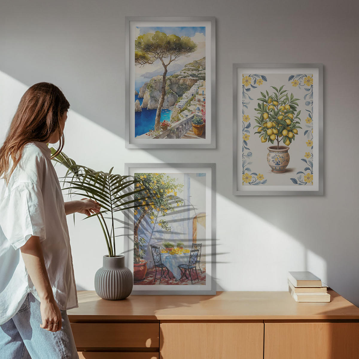 WANDBILDER 3er Set - 40x60 cm Silberner Rahmen - Gemälde von Zitronenbäumen - Silberfarben, Kunststoff (40/60cm) - ArtPrintCave