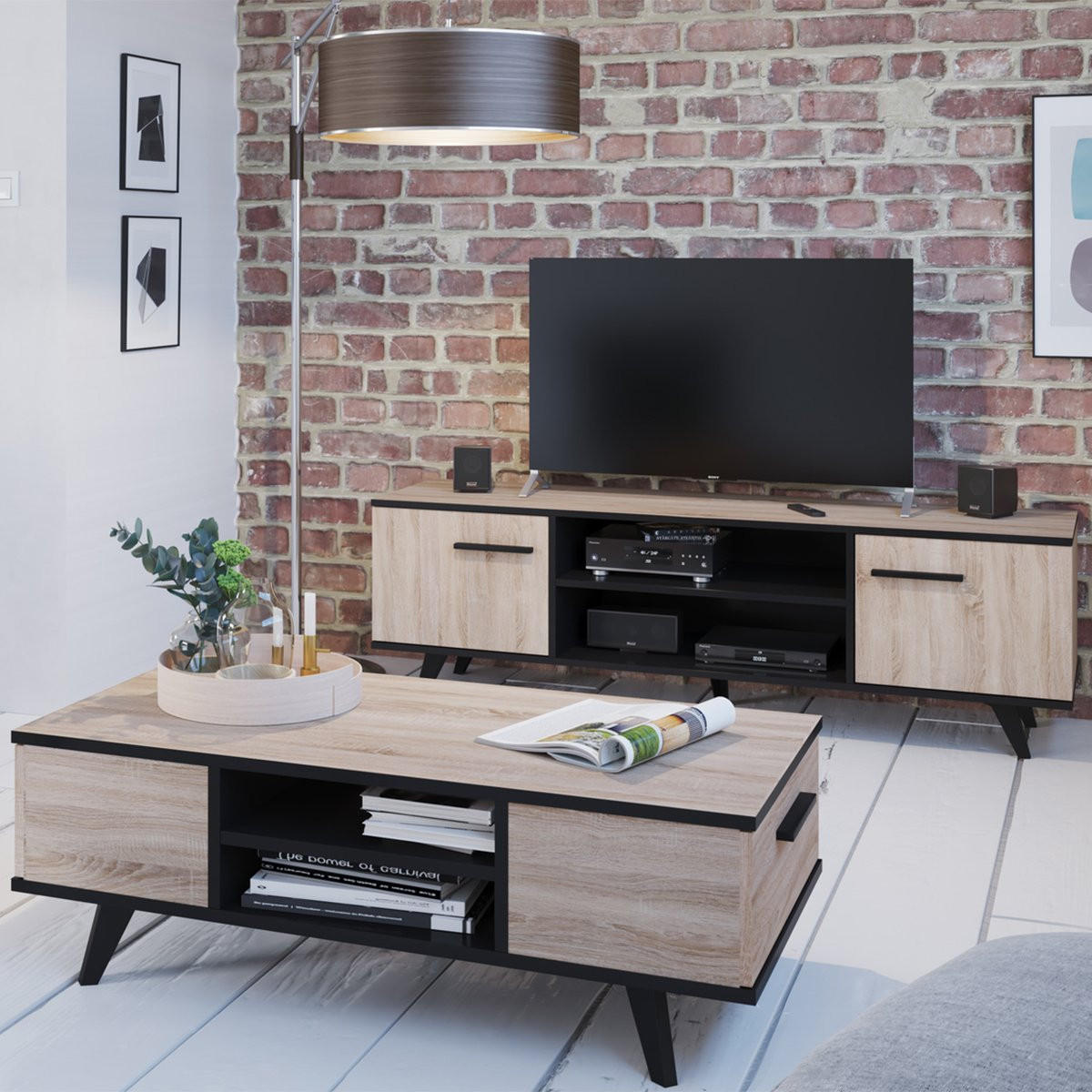 TV-MÖBEL mit 2 Türen und 2 Nischen L151,4 cm - Wayne - Schwarz/Eiche Artisan, Holzwerkstoff (39.3/46.2/151.4cm) - Calicosy