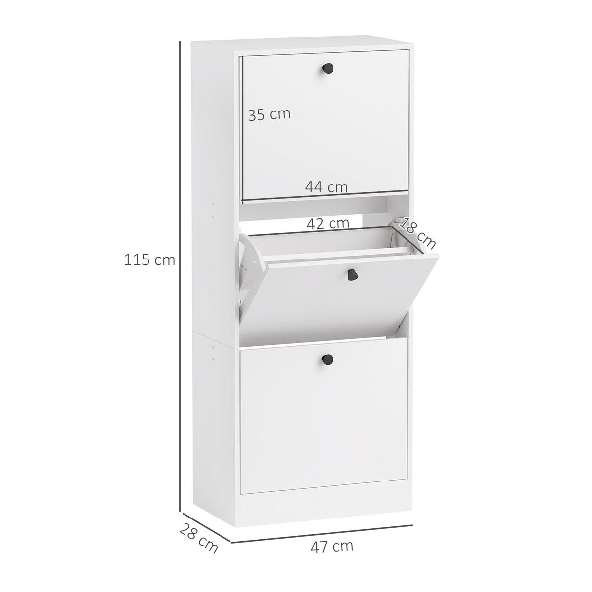 SCHUHSCHRANK mit 3 Klappen, 47 x 28 x 115 cm, Weiß - Weiß, Holzwerkstoff (47/115/28cm) - HOMCOM