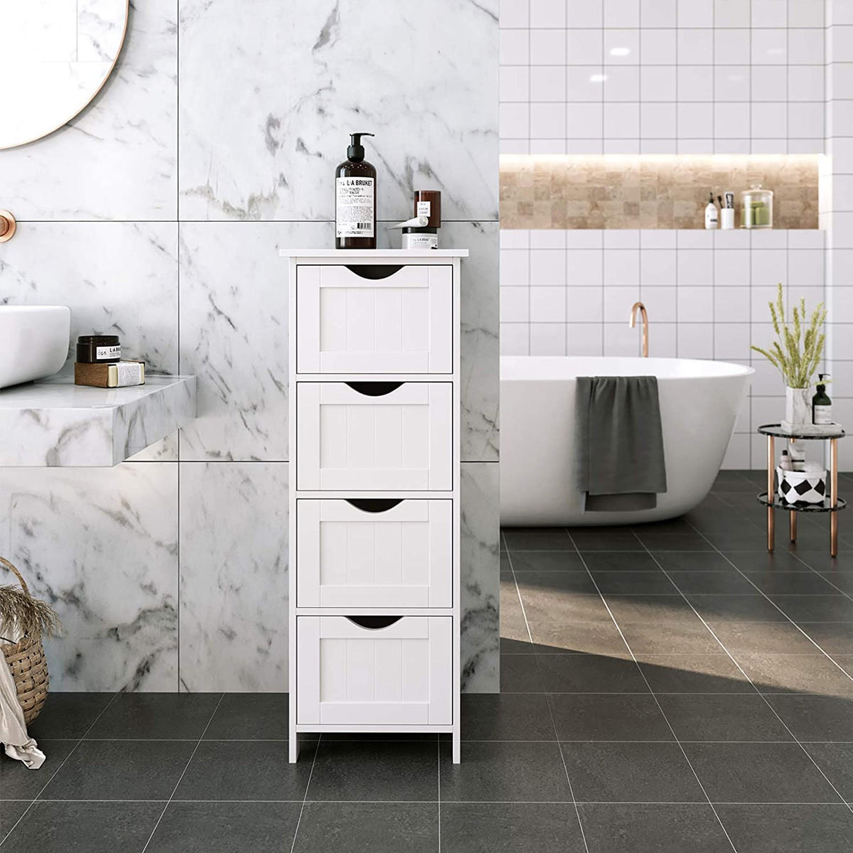 BADEZIMMERSCHRANK Weiß mit 4 Schubladen - L30 cm - Weiß, Holzwerkstoff (30/82/30cm) - Calicosy
