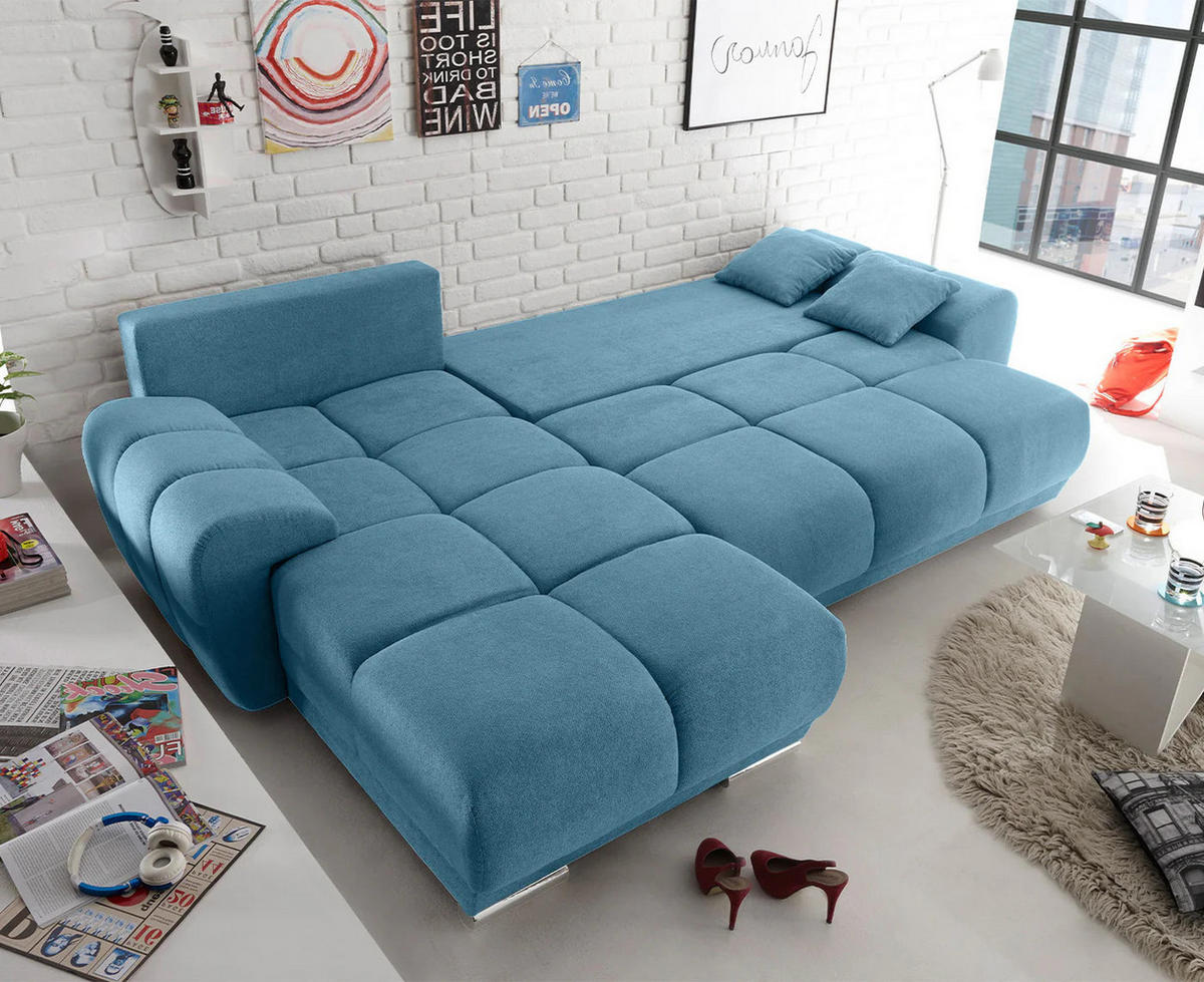 ECKSOFA beidseitig montierbar, Schlaffunktion mit Bettkasten - Chromfarben/Blau, Textil (289/189cm) - ed exciting design