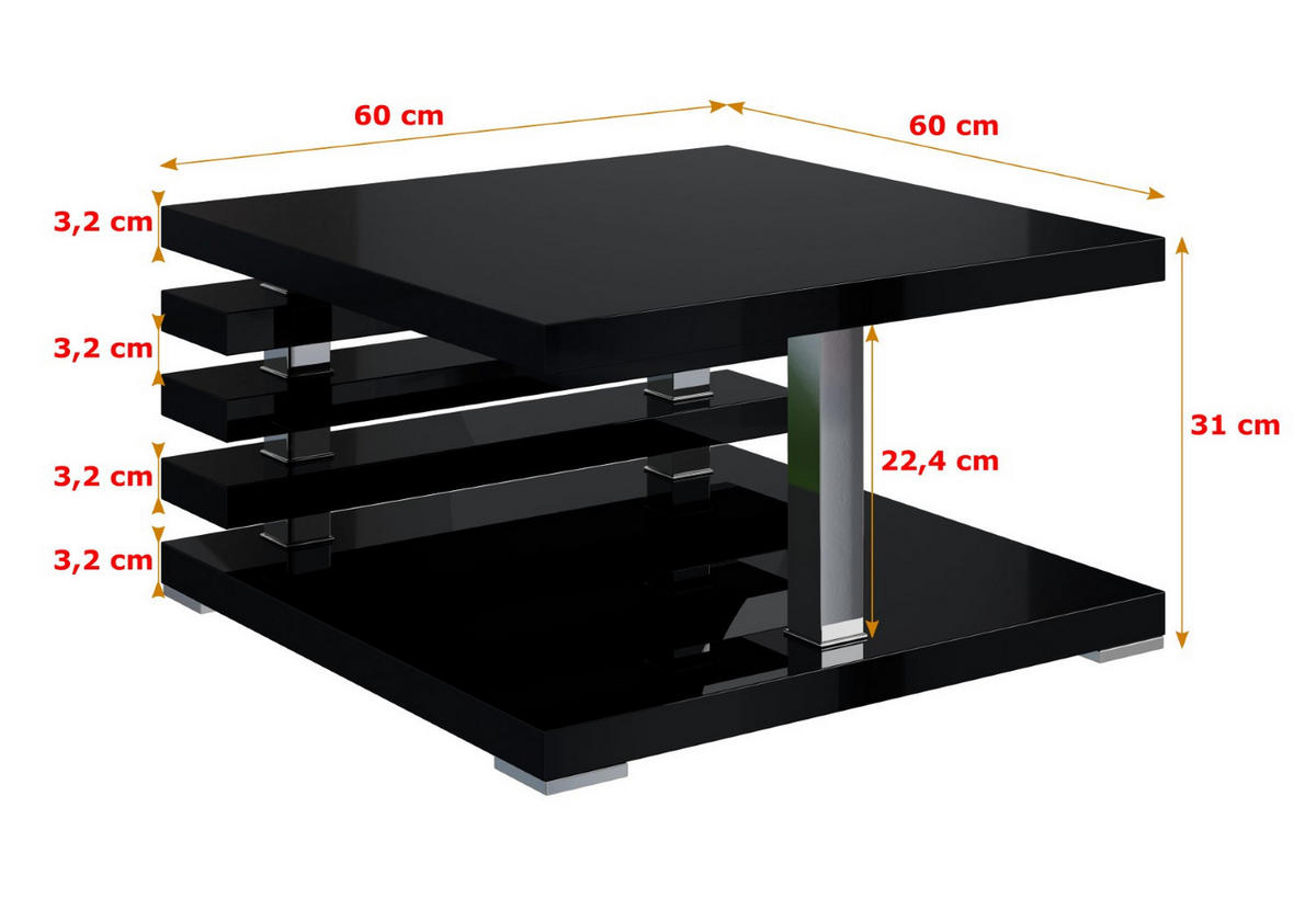 KAFFEETISCH 60x60x32 cm - Hochglanz Schwarz - YOTO - Schwarz Hochglanz, Holzwerkstoff (60/60/32cm) - ALTDECOR