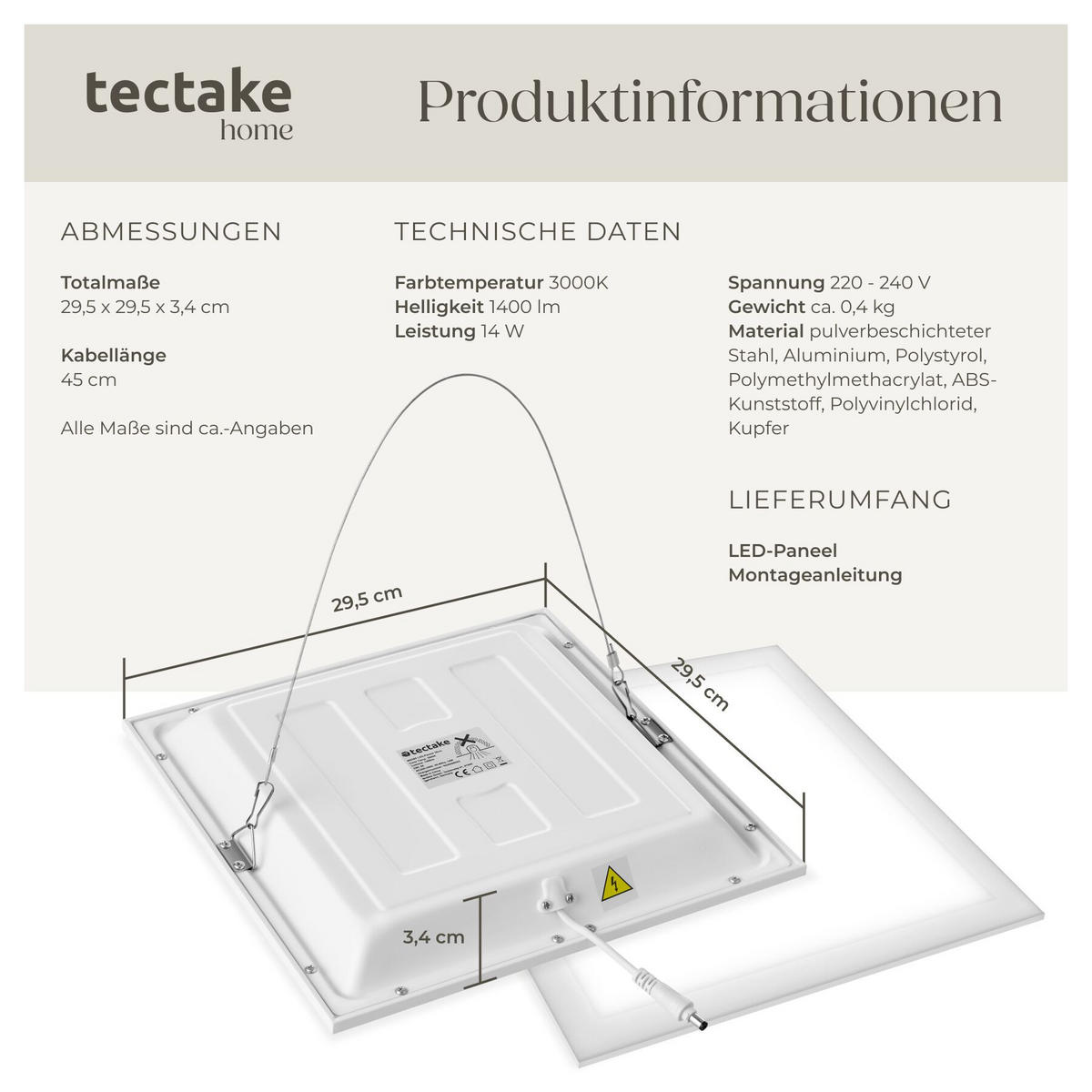 LED-PANEEL Lucerna, vielseitige Einsatzmöglichkeiten, weiß - Weiß, Textil (29.5/29.5/3.4cm) - tectake