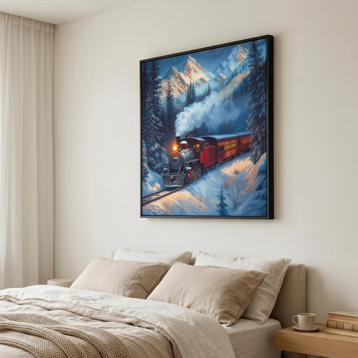 LEINWAND Bilder mit Rahmen - Zug - Weihnachten - Schnee - Weihnachtszug - 90x90 - Anthrazit, Textil (90/90cm) - MuchoWow