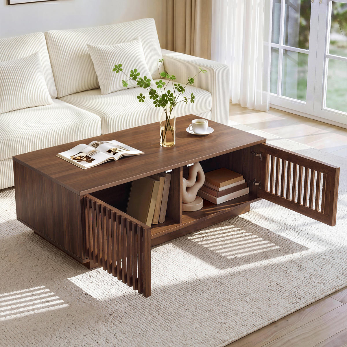 KONFERENČNÍ STŮL v ořechové barvě se 2 dvířky a prolamovaným designem, 100×50×35 cm - barva vlašského ořechu, kompozitní dřevo (50/100/35cm) - STILVORA