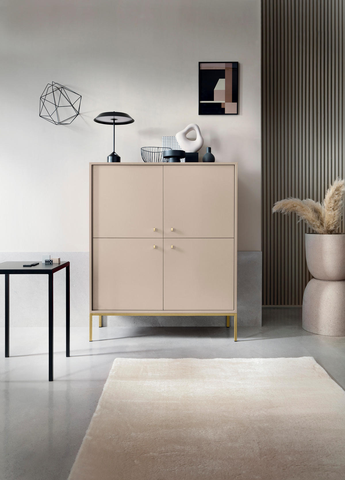HIGHBOARD Molly Beige, Goldene Beine, Hochkommode - Beige/Goldfarben, Holzwerkstoff/Metall (104/125/39cm) - Bettso
