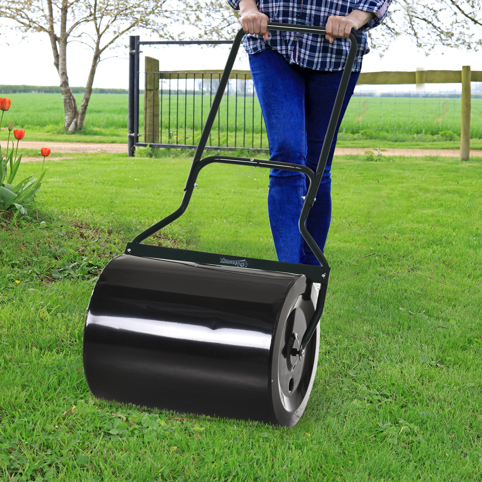RASENWALZE mit U-Griff, Gartenwalze, Gartenrolle, 40 cm Durchmesser, Metall, Schwarz - Multicolor, Metall (40/123/57cm) - Outsunny