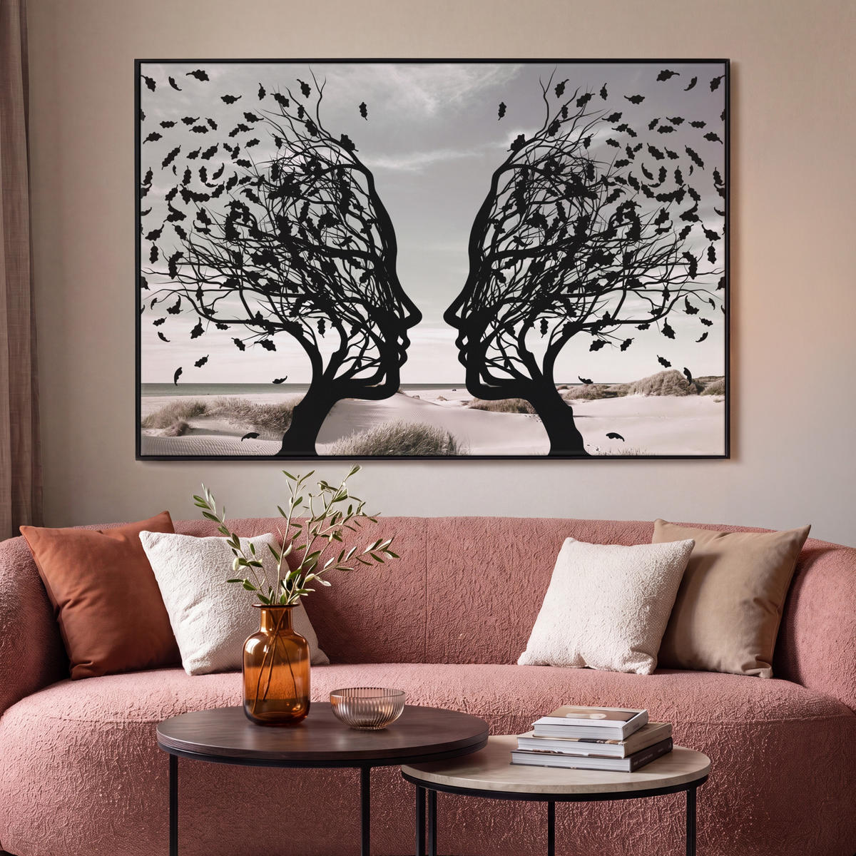 LEINWAND Bilder mit Rahmen - Strand - Meer - Menschen - Baum - Moderne Kunst - 150x100 - Hellgrau, Textil (150/100cm) - MuchoWow