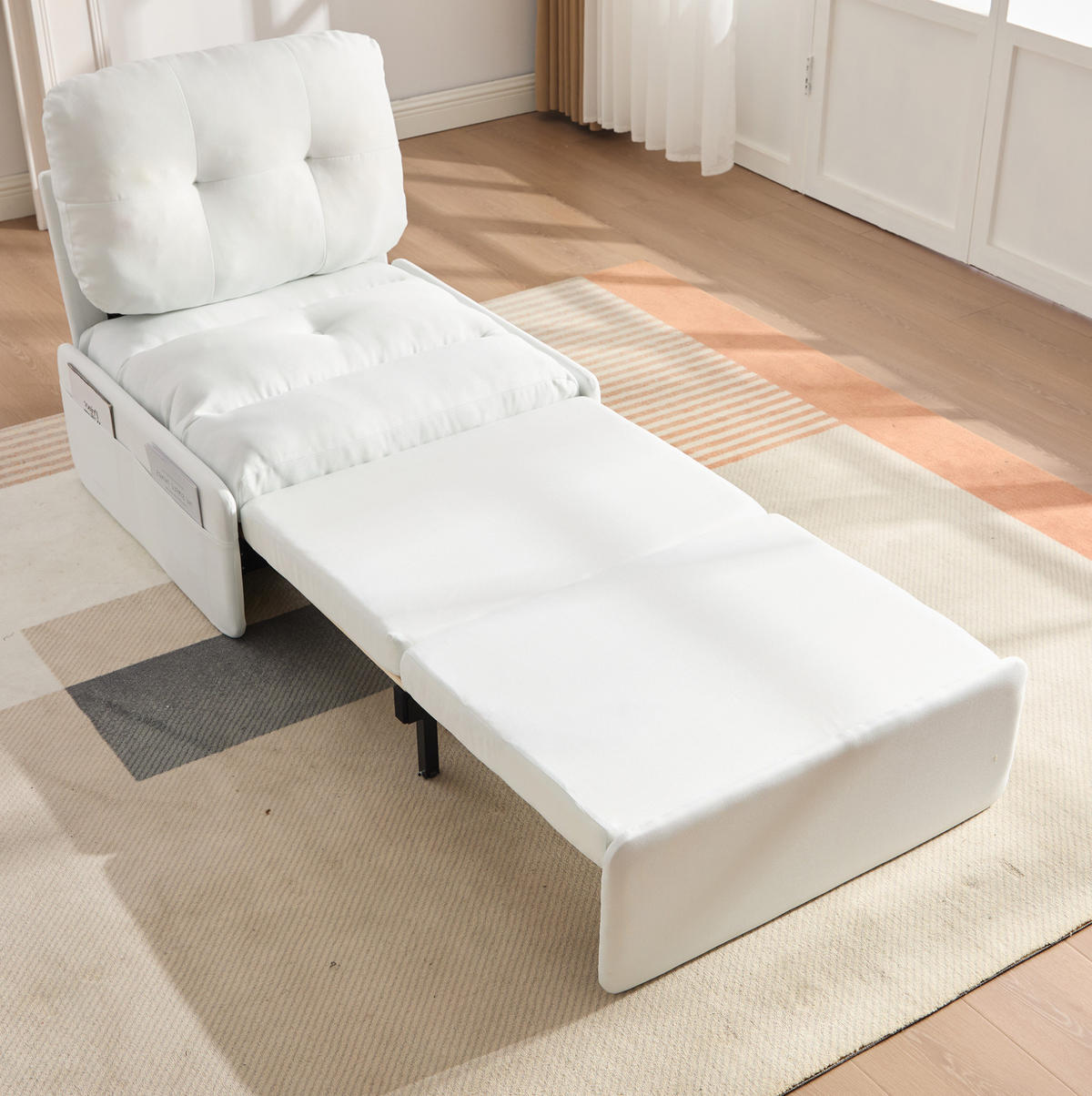 SCHLAFSESSEL aus Leinen 81,5x92x90 cm Weiß 2-in-1 ausziehbar mit Schlaffunktion und Seitentaschen - Weiß, Kunststoff (81.5/90/195cm) - Modfu