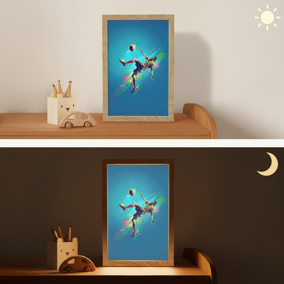 NACHTTISCHLAMPE Fußballer - Farbspritzer - Farbenfroh - Ball 20x30 cm - Blau, Holzwerkstoff (8/20/30cm)