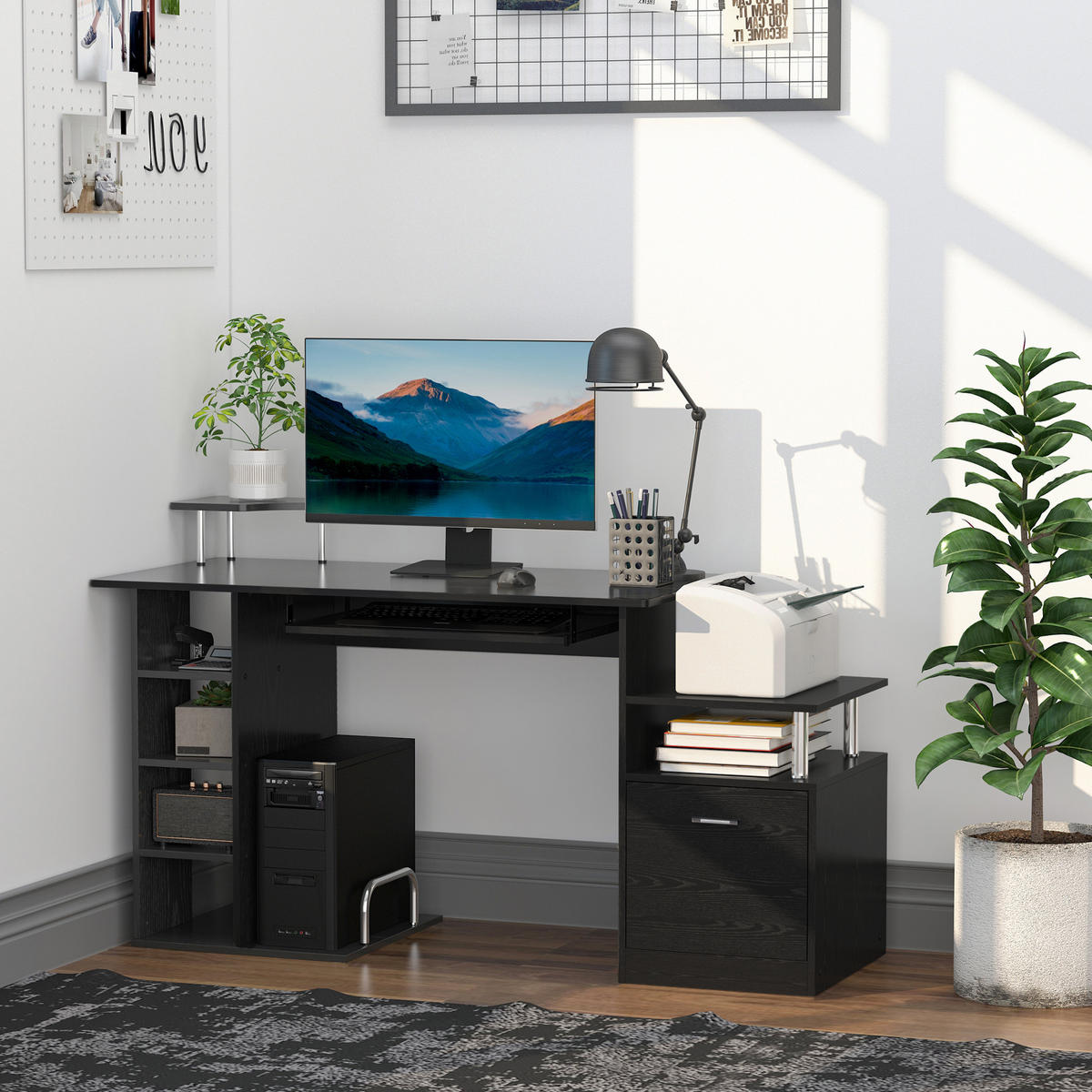 SCHREIBTISCH Schwarz mit Tastaturauszug und Stauraum 152/60/88 cm - Schwarz, Holzwerkstoff (60/152/88cm) - PANGIVO