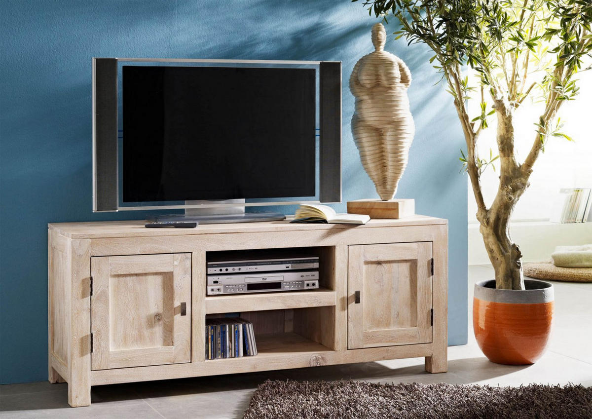 TV-BOARD Akazie 145x45x60 white stone getüncht NATURE WHITE #41 - Beige, Holz (45/60/145cm) - Massivmoebel24