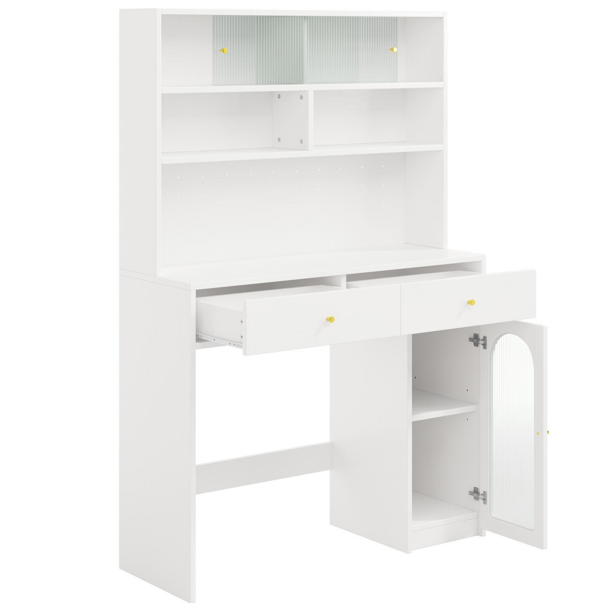 BUFFETSCHRANK-SET 120/45/180 cm mit klappbarem Esstisch, Stauraum und Glastüren, Weiß - Weiß, Holzwerkstoff (120/180/45cm) - Redom
