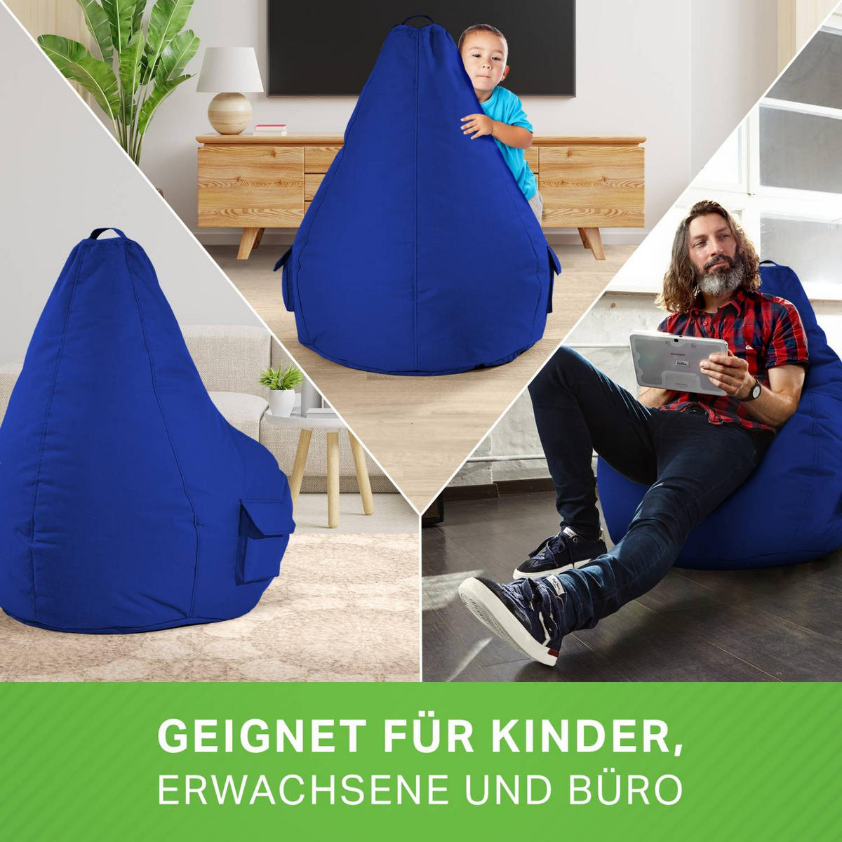 SITZSACK + Hocker "Cozy+Cube" 2er Set - Blau, Textil (70/90/80cm) - Green Bean