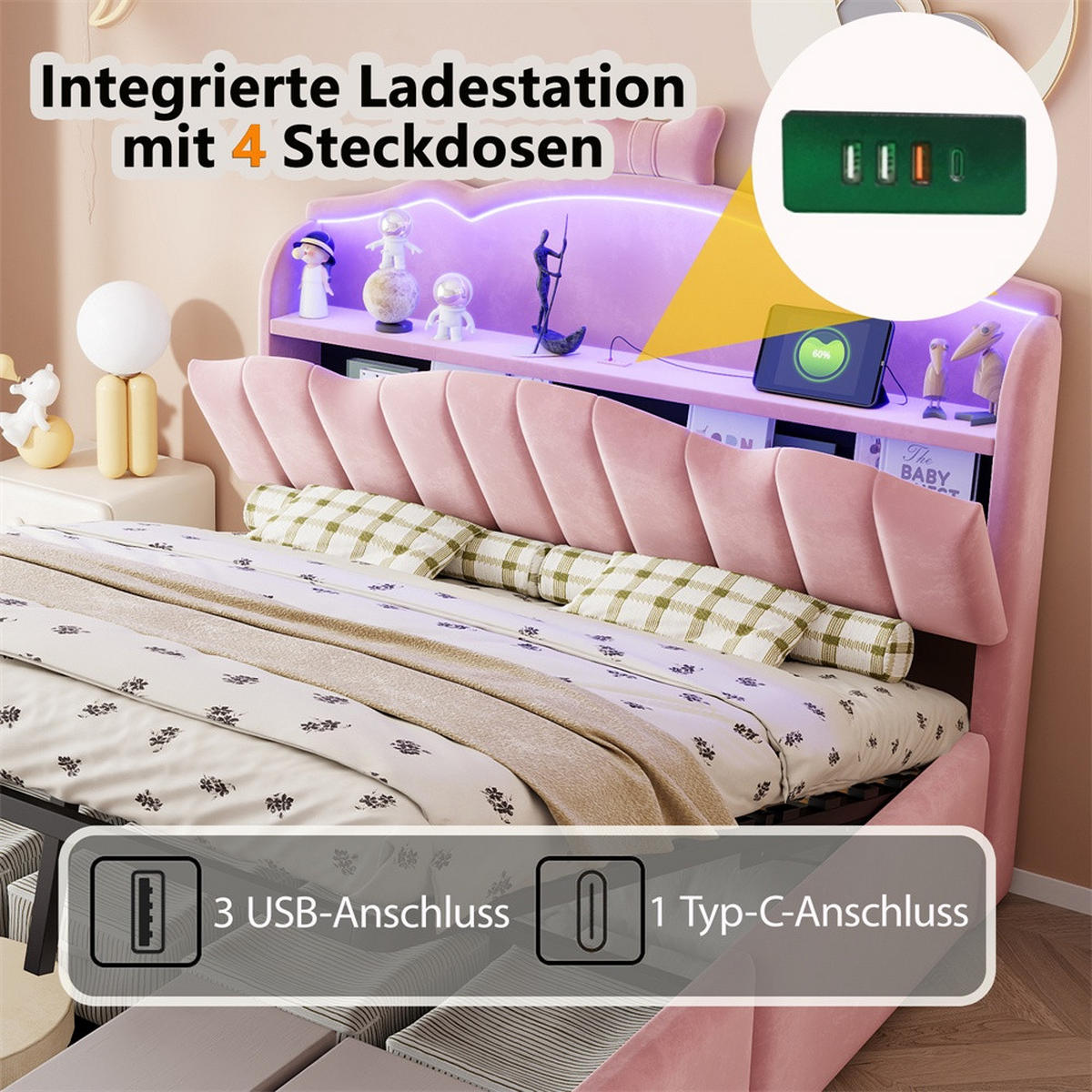 POLSTERBETT 140x200 cm mit hydraulischem Stauraum und LED Beleuchtung - 3USB - Anschlüsseund Typ-C - Rosa - Pink, Textil (140/200cm) - DELFA