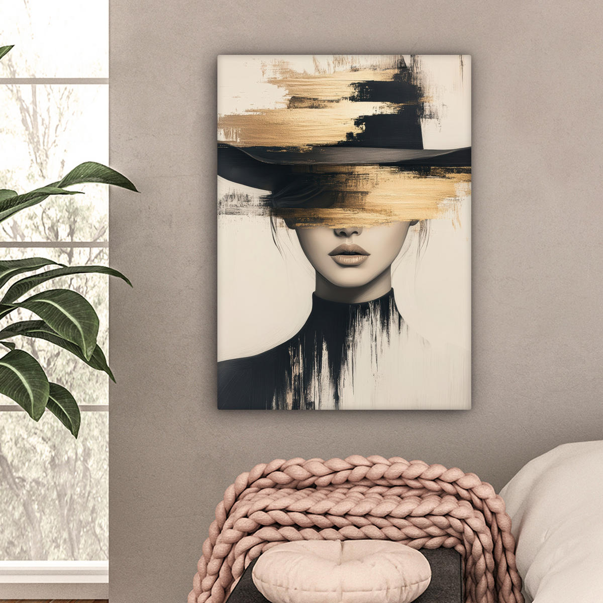 LEINWANDBILD Frau - Hut - Farbe 60x80 cm - Goldfarben, Textil (60/80cm) - MuchoWow