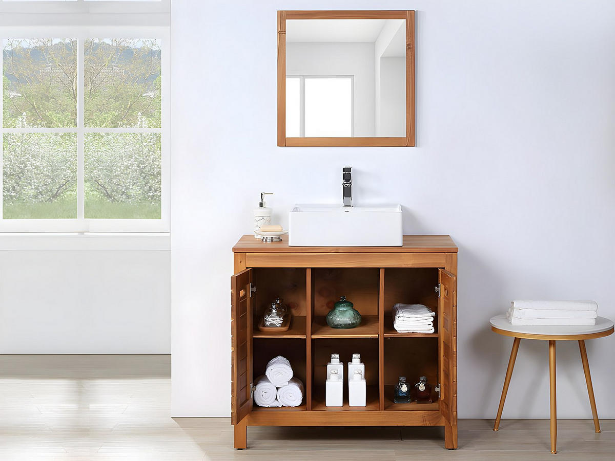 EINZELWASCHTISCH - 90 cm x 50 cm - Keramik, Holz, Platte - Naturfarben Dunkel - PULUKAN - Naturfarben, Keramik/Holz (90/83/50cm) - Vente-Unique