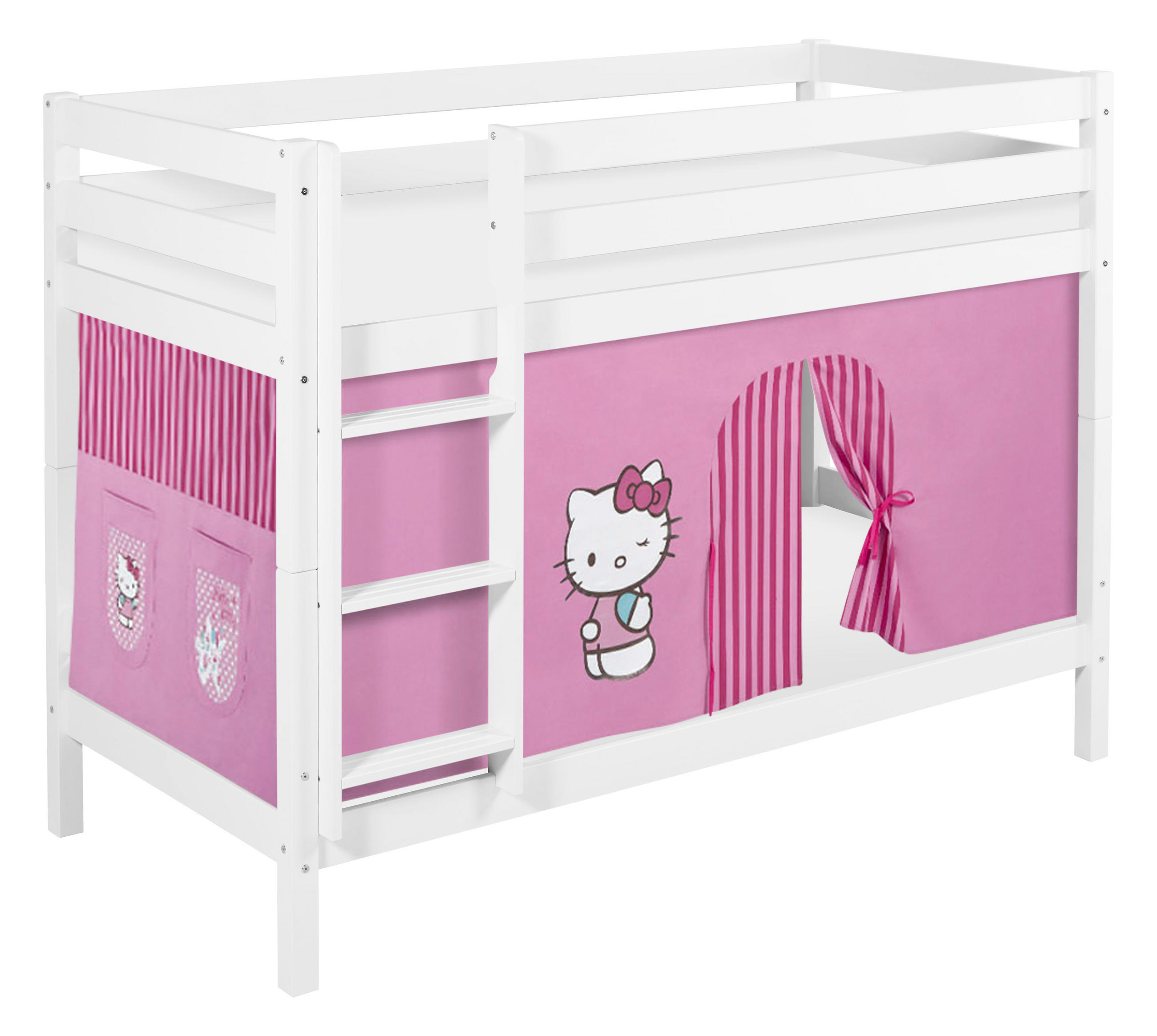 ETAGENBETT JELLE 90x200 cm Hello Kitty rosa - Hochbett - inkl. Vorhang und 2 Lattenrosten - Weiß, Holz - Lilokids