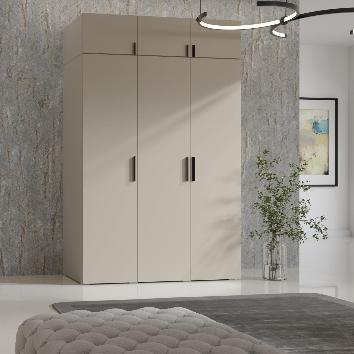 DREHTÜRENSCHRANK mit Aufsatz Napoli 3D 150 Kaschmir (schwarzer oder goldener Griff) - Kaschmir/Silberfarben, Holzwerkstoff/Kunststoff (150/35/60cm) - mzm24